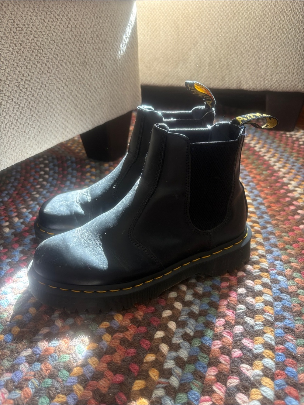 Dr. Martens Black Leather Chelsea Boots with Yellow Stitching